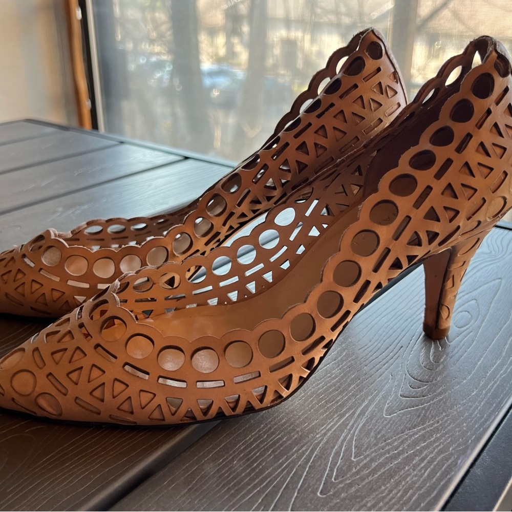 Laser-Cut Tan Leather High Heel Pumps